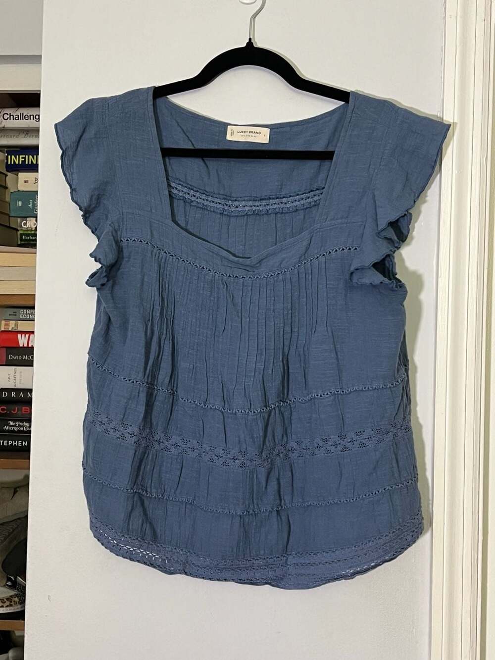 Lucky Brand Blue Cotton Tiered Ruffle Sleeve Top